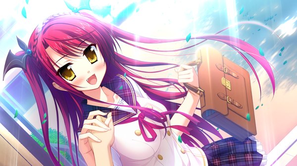 Anime picture 1280x720 with magical marriage lunatics!! luce yami asutarite yamakaze ran long hair blush open mouth wide image yellow eyes game cg red hair braid (braids) crown braid girl uniform hair ornament school uniform school bag