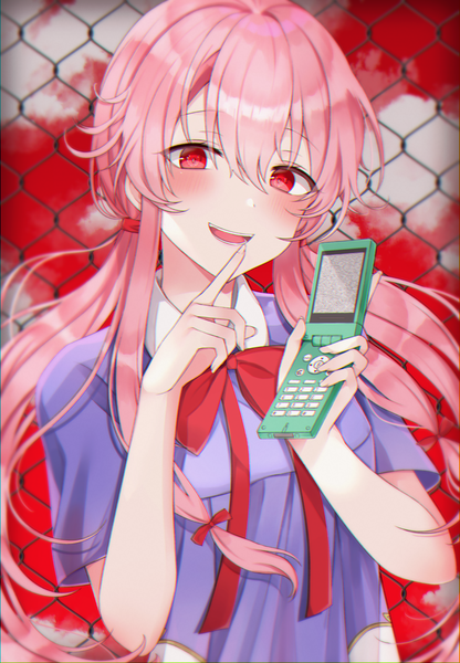 Anime-Bild 1500x2160 mit mirai nikki gasai yuno 49 (yonkyuu) single long hair tall image blush fringe open mouth hair between eyes red eyes twintails pink hair sky cloud (clouds) upper body low twintails finger to mouth tress ribbon red sky