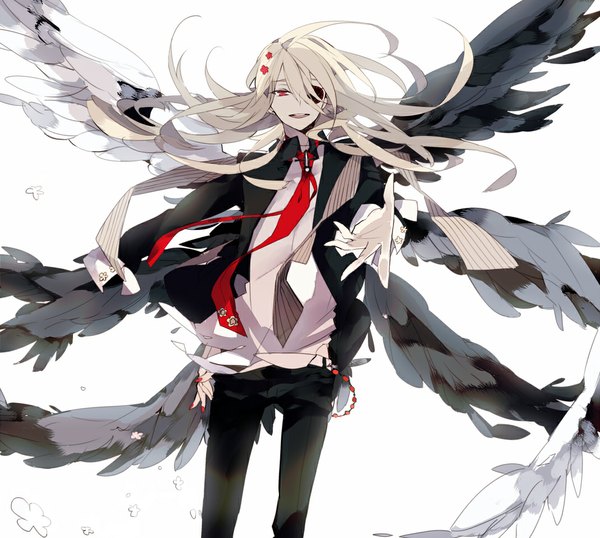 Anime picture 1069x959 with inazuma eleven afuro terumi suou single long hair fringe blonde hair hair between eyes red eyes standing white background nail polish boy wings necktie eyepatch suit