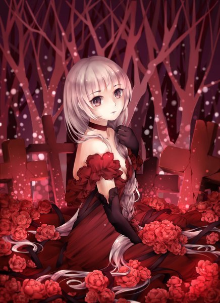 Anime picture 1600x2200 with original rina (artist) single long hair tall image looking at viewer sitting silver hair braid (braids) sparkle snowing silhouette girl dress gloves flower (flowers) elbow gloves cross red dress