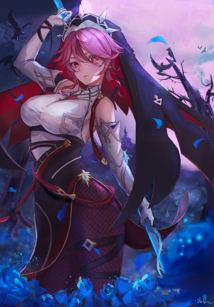 Anime picture 2480x3558 with genshin impact rosaria (genshin impact) xude single tall image looking at viewer fringe highres short hair breasts hair between eyes red eyes standing holding signed pink hair outdoors multicolored hair arm up night