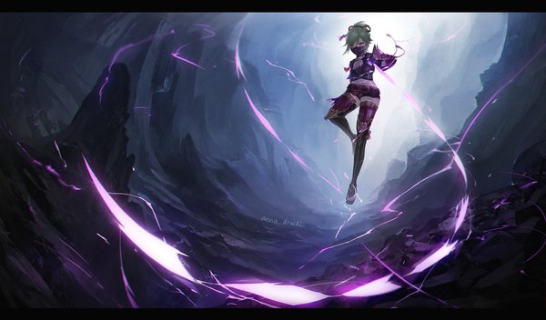 Anime picture 3050x1791 with genshin impact kuki shinobu anna (drw01) single highres short hair wide image purple eyes signed full body outdoors ponytail green hair midriff letterboxed electricity girl weapon shorts short shorts