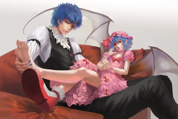 Anime picture 1759x1181 with touhou remilia scarlet tagme (character) cmy fringe highres short hair open mouth smile red eyes sitting holding blue hair nail polish fingernails lips pointy ears bare legs reclining single shoe