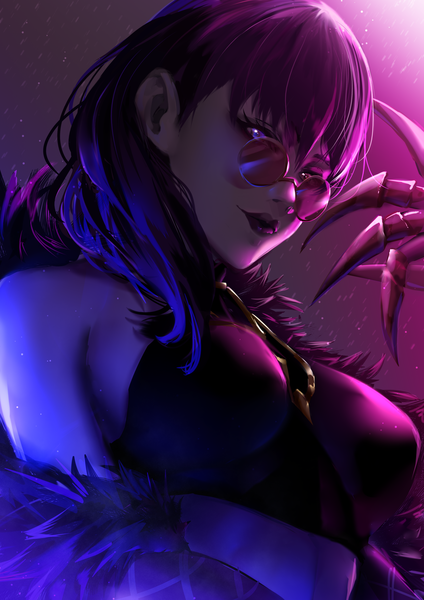 Anime picture 2480x3508 with league of legends k/da (league of legends) evelynn (league of legends) k/da evelynn akapii (jun 0512) single long hair tall image looking at viewer fringe highres breasts light erotic hair between eyes large breasts purple eyes bare shoulders purple hair upper body off shoulder