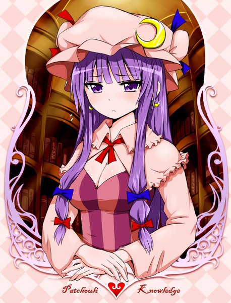 Anime picture 1100x1442 with touhou patchouli knowledge zaxwu single long hair tall image purple eyes purple hair framed crescent girl bonnet