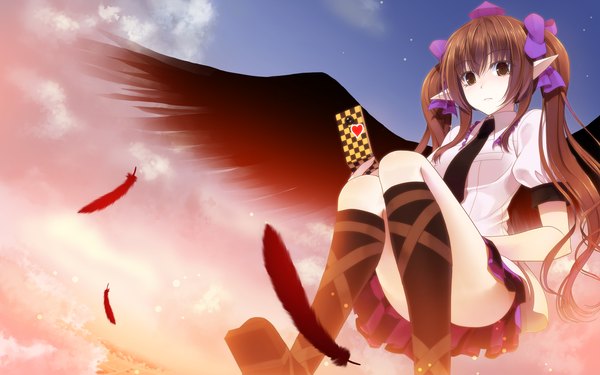 Anime picture 1680x1050 with touhou himekaidou hatate crote single long hair brown hair twintails brown eyes pointy ears girl skirt bow hair bow miniskirt shirt wings socks necktie black socks feather (feathers)