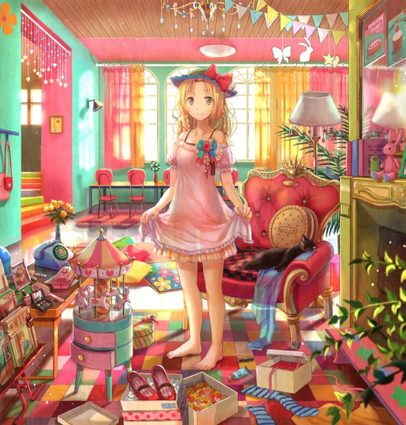 Anime picture 1293x1354 with original fuzichoco single long hair tall image looking at viewer blonde hair smile standing yellow eyes indoors braid (braids) barefoot bare legs side braid dress lift shoes removed see-through silhouette girl thighhighs
