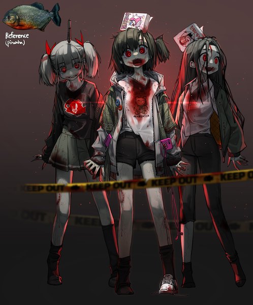 Anime-Bild 1541x1857 mit original rinotuna long hair tall image looking at viewer short hair open mouth red eyes standing twintails multiple girls looking away long sleeves pleated skirt open jacket teeth no shoes one side up glowing dark background
