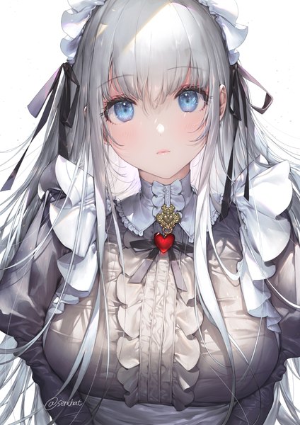 Anime picture 1024x1448 with original senchat single long hair tall image looking at viewer blush fringe breasts blue eyes simple background hair between eyes large breasts white background signed silver hair upper body twitter username girl frills