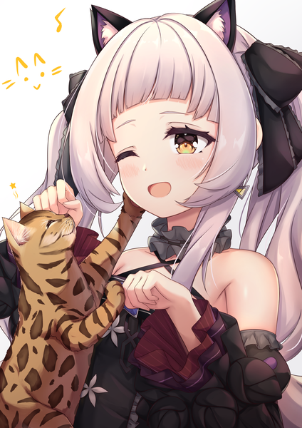 Anime picture 2480x3508 with virtual youtuber hololive murasaki shion murasaki shion (5th costume) arata (xin) single long hair tall image blush highres open mouth white background twintails animal ears yellow eyes looking away silver hair upper body one eye closed cat ears