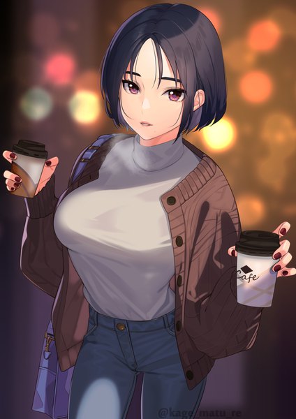 Anime picture 1736x2456 with original kagematsuri single tall image looking at viewer fringe highres short hair breasts black hair red eyes large breasts standing holding signed nail polish parted lips mole twitter username lens flare