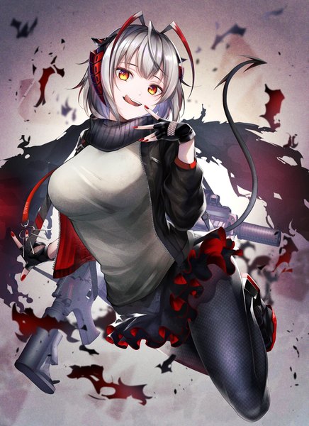 Anime-Bild 1600x2200 mit arknights w (arknights) noan single tall image looking at viewer short hair yellow eyes silver hair tail nail polish horn (horns) open jacket demon tail :q red nail polish girl skirt gloves weapon