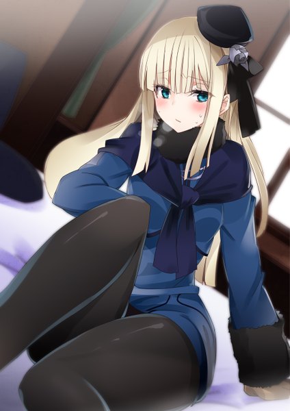 Anime picture 919x1300 with fate (series) lord el-melloi ii case files reines el-melloi archisorte vane (vane0) single long hair tall image looking at viewer blush fringe breasts blue eyes blonde hair hair between eyes standing sitting bent knee (knees) indoors blunt bangs hair flower