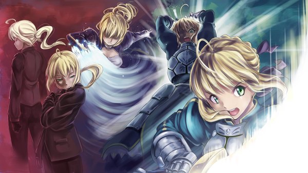 Anime picture 1600x900 with fate (series) fate/stay night type-moon artoria pendragon (all) saber hitsuji (hitsuji kikaku) long hair open mouth blonde hair wide image green eyes looking away ahoge ponytail eyes closed profile outstretched arm fighting stance multiple persona girl