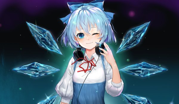 Anime picture 1016x591 with touhou cirno iouley single looking at viewer fringe short hair blue eyes simple background hair between eyes wide image blue hair upper body one eye closed light smile wink headphones around neck hand on headphones girl bow