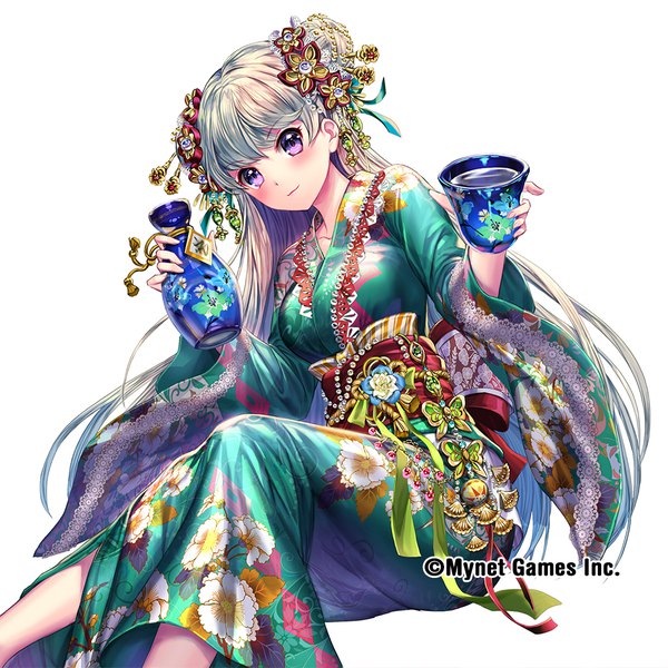 Anime picture 1000x1000 with sangoku infinity esphy single looking at viewer blush fringe simple background white background sitting purple eyes holding very long hair traditional clothes japanese clothes grey hair hair bun (hair buns) floral print girl hair ornament kimono