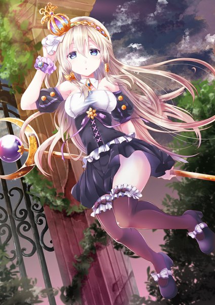 Anime picture 636x900 with ange vierge original natsu (360c) single long hair tall image looking at viewer fringe breasts blue eyes light erotic bent knee (knees) outdoors :o puffy sleeves surprised weightlessness underbust girl thighhighs