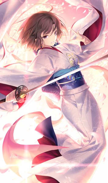 Anime picture 650x1101 with kara no kyoukai type-moon ryougi shiki kousaki rui single tall image looking at viewer fringe short hair hair between eyes brown hair holding brown eyes signed full body ahoge traditional clothes parted lips japanese clothes wind