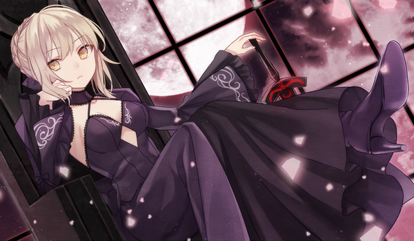 Anime picture 1000x583 with fate (series) fate/stay night type-moon artoria pendragon (all) saber alter yuzuki karu single long hair looking at viewer fringe blonde hair wide image sitting holding yellow eyes sky bent knee (knees) braid (braids) high heels leg lift (legs lift)