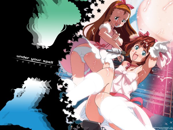 Anime picture 1600x1200 with idolmaster amami haruka minase iori light erotic cute & girly (idolmaster) snow strawberry (idolmaster) underwear panties microphone