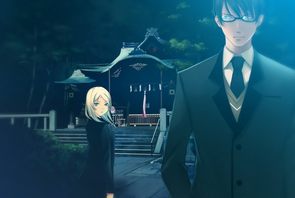 Anime picture 1000x670 with porigon short hair blue eyes black hair blonde hair looking back girl boy glasses necktie suit