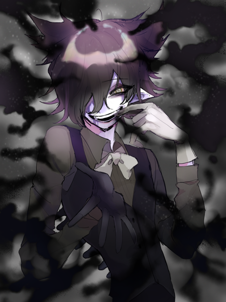 Anime picture 1536x2048 with bendy and the ink machine bendy mmm516 single tall image looking at viewer fringe short hair black hair smile upper body pointy ears hair over one eye grey background grey eyes demon personification crazy smile purple skin fingersmile