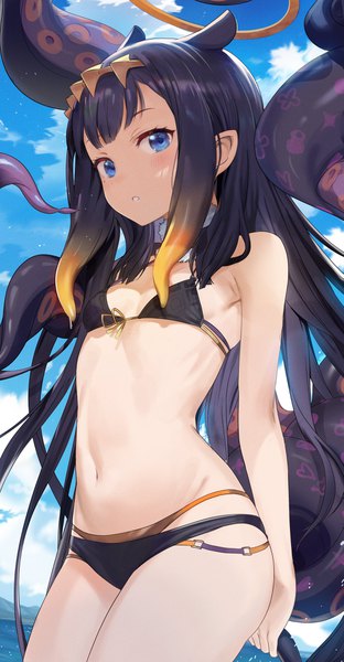 Anime picture 2133x4092 with virtual youtuber hololive hololive english ninomae ina'nis seicoh single long hair tall image looking at viewer blush fringe highres breasts blue eyes light erotic black hair standing animal ears payot sky