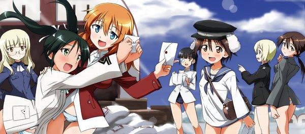 Anime picture 2600x1150 with strike witches miyafuji yoshika erica hartmann francesca lucchini gertrud barkhorn charlotte e yeager sakamoto mio perrine h clostermann tokiani long hair blush highres short hair open mouth blue eyes light erotic black hair brown hair wide image twintails