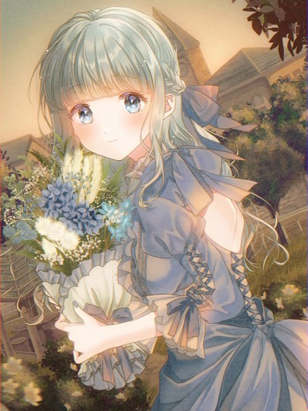 Anime picture 768x1024 with original konpeito1025 single long hair tall image looking at viewer blush fringe blue eyes outdoors blunt bangs nail polish grey hair turning head back half updo bare back girl dress flower (flowers)