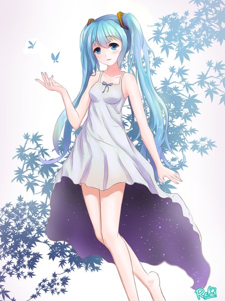 Anime picture 1643x2194 with vocaloid hatsune miku reki (lichk) single tall image looking at viewer blush simple background white background twintails very long hair aqua eyes aqua hair girl dress leaf (leaves) sundress