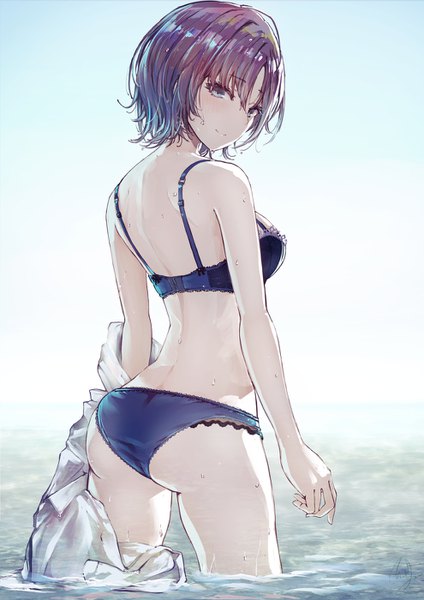 Anime picture 990x1400 with idolmaster idolmaster shiny colors asakura tooru minyom single tall image looking at viewer blush fringe short hair breasts open mouth blue eyes light erotic simple background hair between eyes standing purple hair ass looking back