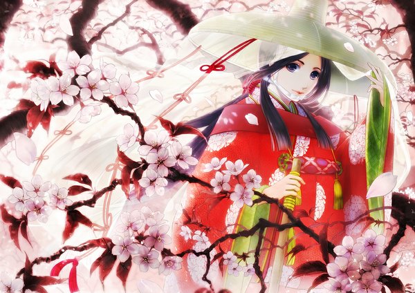 Anime picture 1100x778 with original tottome single long hair looking at viewer black hair purple eyes traditional clothes japanese clothes cherry blossoms girl flower (flowers) plant (plants) petals tree (trees) kimono junihitoe