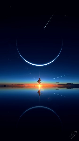 Anime picture 1380x2460 with original kijineko single long hair tall image sky cloud (clouds) outdoors evening reflection sunset horizon scenic crescent shooting star girl moon star (stars) musical instrument guitar