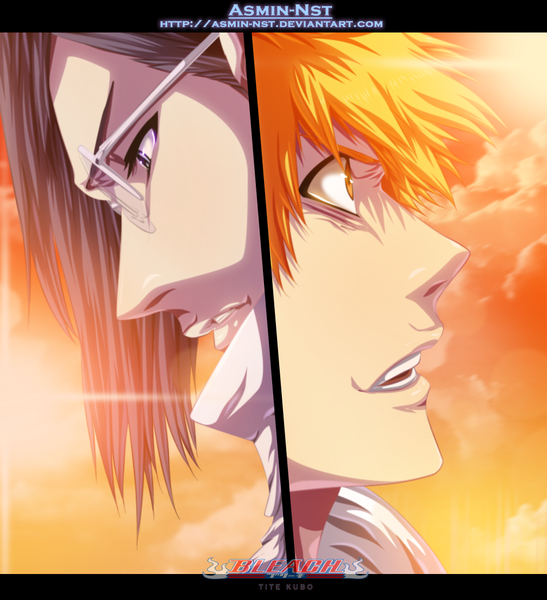 Anime picture 1009x1108 with bleach studio pierrot kurosaki ichigo ishida uryuu iitheluciferii tall image short hair black hair purple eyes sky cloud (clouds) profile sunlight orange hair inscription multiple boys orange eyes coloring letterboxed close-up