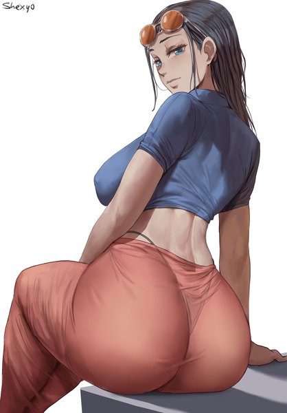 Anime picture 2438x3500 with one piece toei animation nico robin shexyo single long hair tall image looking at viewer highres breasts blue eyes light erotic black hair simple background white background sitting signed payot ass looking back