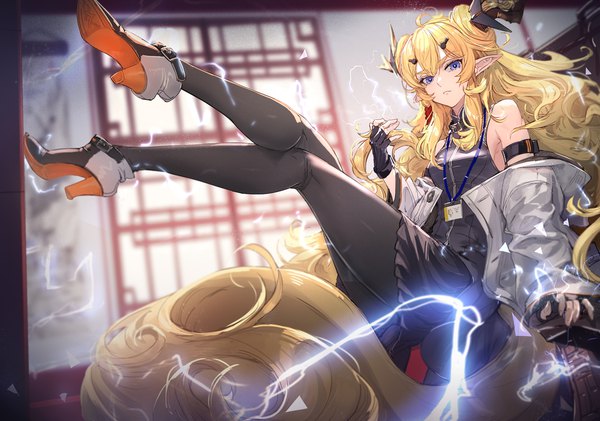Anime picture 1440x1010 with arknights leizi (arknights) ryuuzaki ichi single long hair looking at viewer fringe blue eyes blonde hair hair between eyes full body indoors tail horn (horns) pointy ears crossed legs electricity girl gloves pantyhose