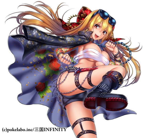 Anime picture 1034x1000 with fuji minako single long hair breasts open mouth light erotic simple background blonde hair red eyes white background tattoo girl bow hair bow shorts boots short shorts sunglasses