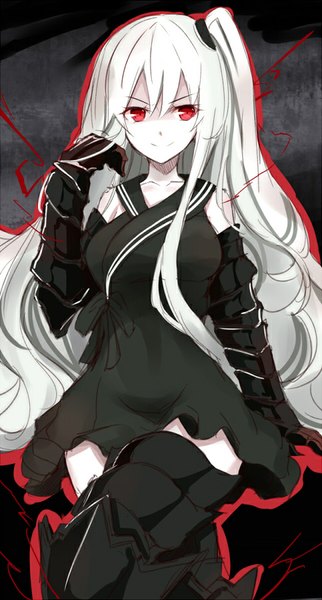 Anime picture 483x900 with kantai collection aircraft carrier hime takehana note single long hair tall image fringe smile hair between eyes red eyes bare shoulders signed looking away white hair one side up crossed legs shinkaisei-kan >:) girl armor