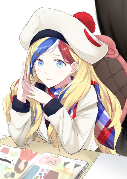 Anime picture 2508x3541 with kantai collection commandant teste (kantai collection) morinaga (harumori) single long hair tall image looking at viewer highres blue eyes blonde hair sitting multicolored hair from above streaked hair hands clasped girl hairclip scarf beret pom pom (clothes)