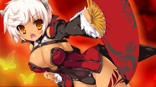 Anime picture 1280x720 with blades heart (game) short hair breasts open mouth light erotic wide image game cg white hair orange eyes girl fan
