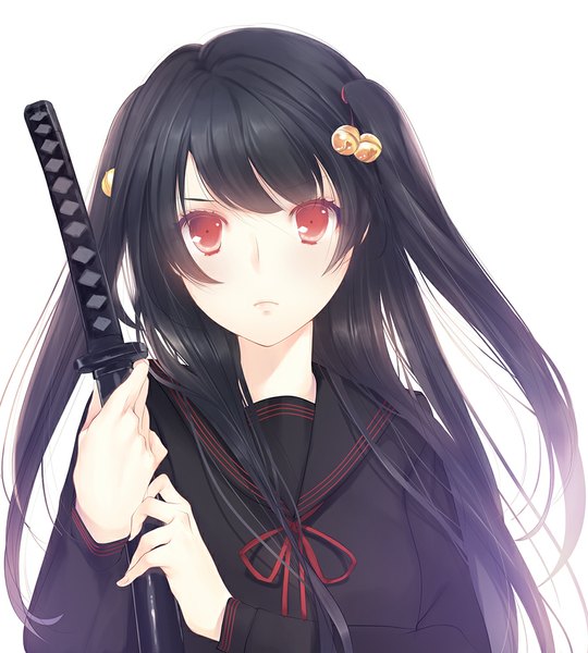 Anime picture 900x1000 with original porigon single long hair tall image looking at viewer blush black hair simple background red eyes white background twintails serious girl hair ornament ribbon (ribbons) weapon sword serafuku katana