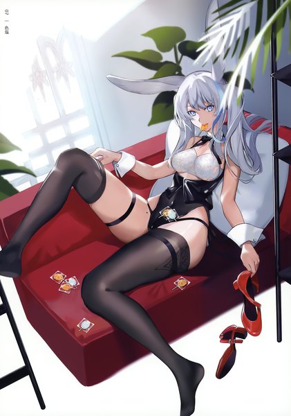 Anime picture 2524x3600 with original shio (oxstl) single long hair tall image looking at viewer fringe highres breasts blue eyes light erotic holding animal ears silver hair bent knee (knees) indoors multicolored hair from above scan mole