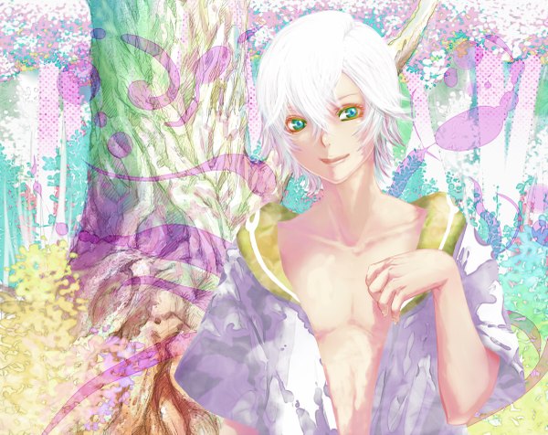 Anime picture 1200x953 with original nayu short hair white hair aqua eyes open clothes boy plant (plants) tree (trees)