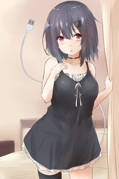 Anime picture 2000x2996 with original apple inc. saku (kudrove) single tall image blush fringe highres short hair open mouth black hair hair between eyes red eyes indoors symbol-shaped pupils personification girl thighhighs dress choker