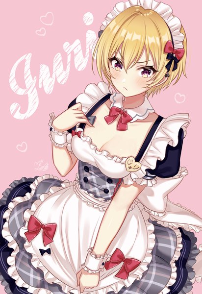 Anime picture 2230x3246 with idolmaster idolmaster shiny colors saijou juri mairo (ilo) single tall image blush fringe highres short hair breasts blonde hair simple background hair between eyes standing purple eyes cleavage maid character names piercing