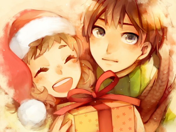 Anime picture 1024x768 with original matsunaka hiro blush fringe short hair open mouth blue eyes smile brown hair eyes closed fur trim happy christmas merry christmas girl boy ribbon (ribbons) scarf fur gift