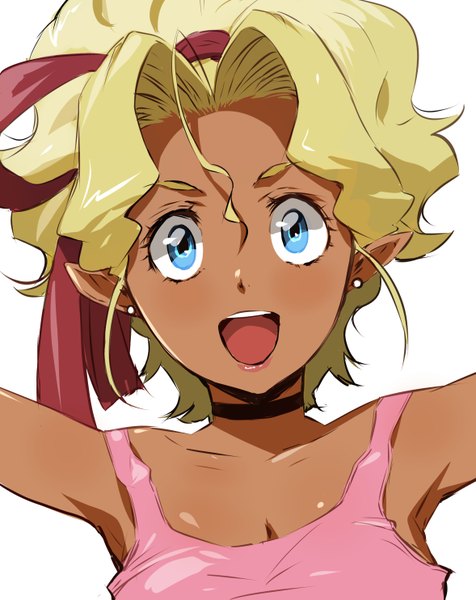 Anime picture 2356x2968 with tenchi muyou! anime international company kuramitsu mihoshi enami katsumi single tall image looking at viewer blush highres short hair open mouth blue eyes simple background blonde hair hair between eyes white background ahoge pointy ears dark skin portrait