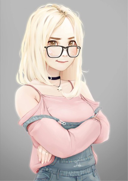 Anime picture 1292x1826 with original mio (jubi) jubi (regiana) single long hair tall image looking at viewer blonde hair bare shoulders brown eyes signed upper body long sleeves realistic grey background gradient background crossed arms casual lip biting girl