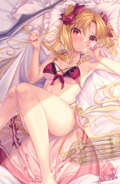 Anime picture 1342x2048 with fate (series) fate/grand order ereshkigal (fate) nattsu (nattu888 8) single long hair tall image looking at viewer blush fringe breasts light erotic blonde hair red eyes signed payot bent knee (knees) lying nail polish barefoot