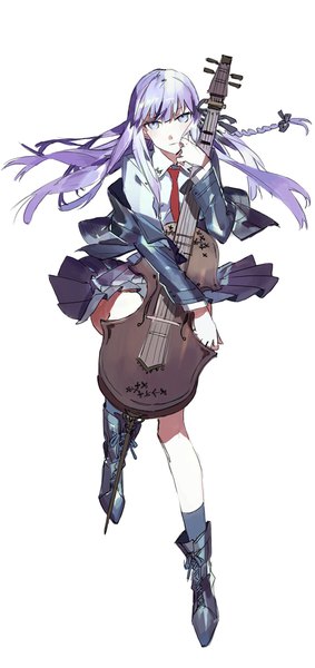 Anime-Bild 500x1057 mit dangan ronpa kirigiri kyouko star shadow magician single long hair tall image looking at viewer fringe simple background white background purple eyes holding purple hair full body blunt bangs braid (braids) pleated skirt floating hair single braid girl